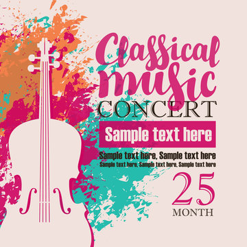 music concert poster for a concert of classical music with the image of a violin on a background of color splashes and drops