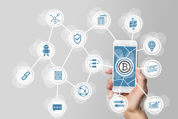 Blockchain and bitcoin concept visualized by mobile phone and grey background