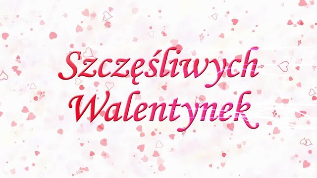Happy Valentine's Day text in Polish "Szczesliwych Walentynek" formed from dust and turns to dust horizontally with moving stripes on white animated background
