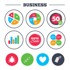 Fototapeta premium Bug and vaccine signs. Heart, spray can icons.