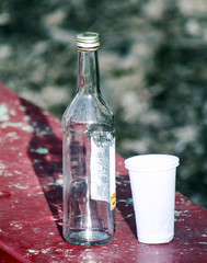 
a bottle of vodka and a plastic cup on a park bench