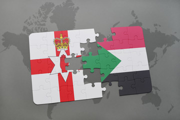 puzzle with the national flag of northern ireland and sudan on a world map