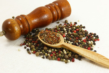Spices and herbs in wood bowls. Food cuisine ingredients. Colorful