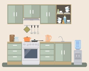 Kitchen in provence color. There is a furniture, a stove, a water cooler and other objects in the picture. Vector flat illustration.