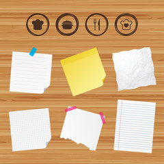 Chief hat, cooking pan icons. Fork and knife.