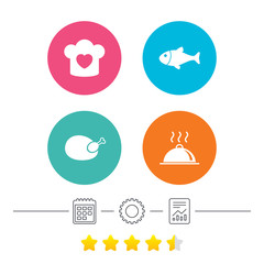 Chief hat, cooking pan icons. Fish and chicken.
