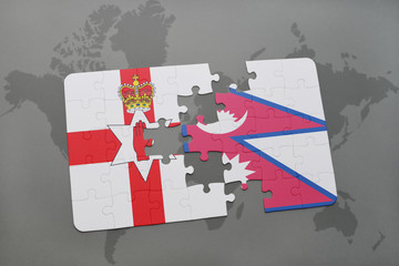 puzzle with the national flag of northern ireland and nepal on a world map