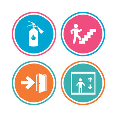 Emergency exit icons. Door with arrow sign.