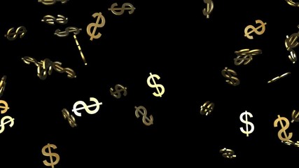 3D gold American dollar signs falling down with alpha channel
