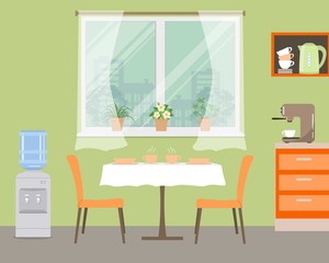 Kitchen in orange color. There is a table, two chairs, a water cooler, shelves, a coffee machine, a window with flowers and other objects in the picture. Vector illustration.
