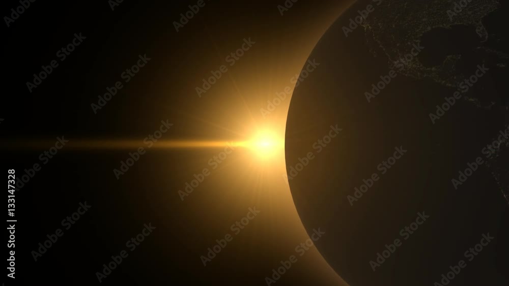 Wall mural 3d background with planet earth rotating and solar eclipse with alpha channel