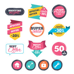 Home key icon. Wrench service tool symbol.