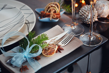 Winter table setting with Christmas decoration