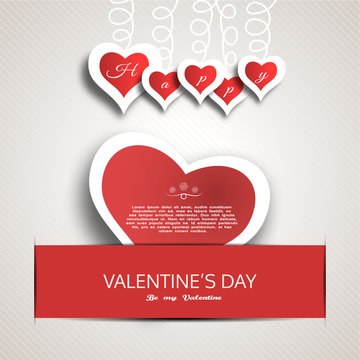 Vector Happy Valentine's Day greeting card with red paper heart insert in the red slot with shadow.