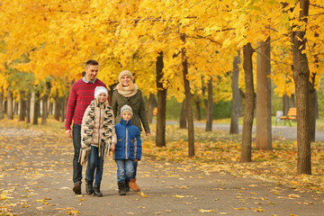 Fototapeta premium Happy family walking in beautiful autumn park