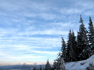 Winter landscape, trees in snow, clouds, mountains