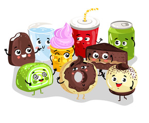 Cute sweet food and drink cartoon character set isolated on white background vector illustration. Funny cake, donut, ice cream, cola soda, lemonade emoticon face icon. Happy cartoon comical face food