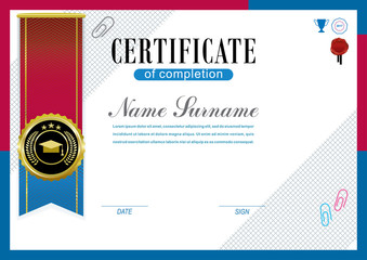 White official certificate. Red blue ribbon and black emblem