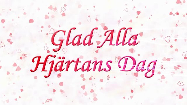 Happy Valentine's Day text in Swedish "Glad Alla Hjartans Dag" formed from dust and turns to dust horizontally with moving stripes on white animated background
