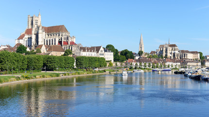 Fototapeta na wymiar Abbey and churches in Auxerre at the river Yonne, capital of Burgundy in France, Europe