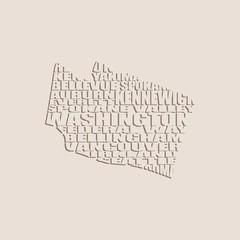 Word cloud map of Washington state. Cities list collage