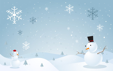 Snowman and snow background. winter season with snow flake. vect
