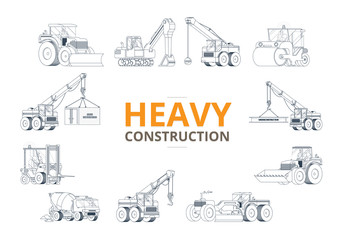 Obraz premium Heavy construction machine background. vector machinery set.