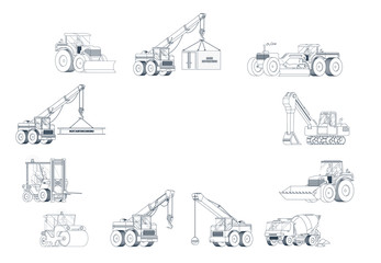 Heavy construction machine background. vector machinery set.