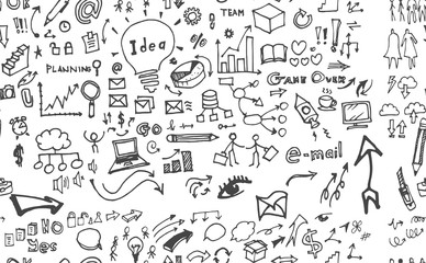 Hand drawn seamless doodle pattern with business symbols