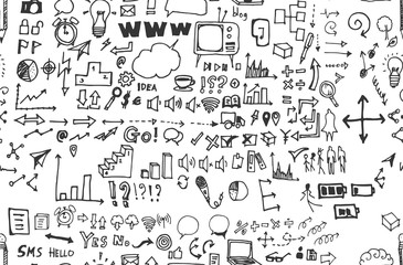 Hand drawn seamless doodle pattern with business symbols