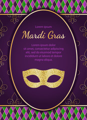 Mardi Gras holiday background. Golden glitter textured mask. Vector greeting card or poster designe template EPS10.