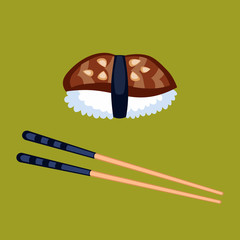 Sushi food and chopsticks vector illustration.