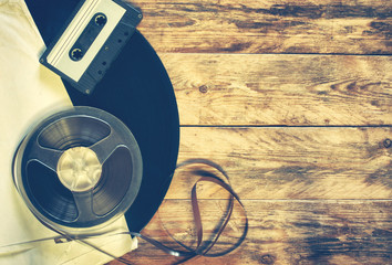 old gramophone record, audio cassette, tape bobbin