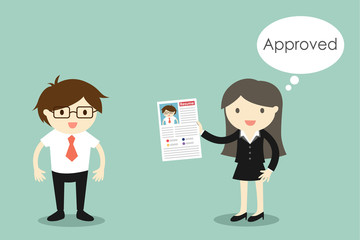 Business concept, Businessman expect for job and boss thinking about approve his resume. Vector illustration.