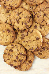 Pile of chocolate chips cookies, shot from above