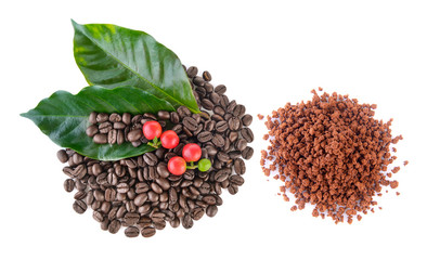 coffee grains. instant coffee and leaves on white background