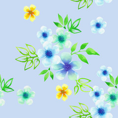 Floral seamless pattern watercolor. Cute spring background with flowers and leaves watercolor. Hand drawn style 