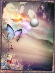 Photo sur Plexiglas Imagination Oasis with full moon and  butterfly - old fashioned style postcard