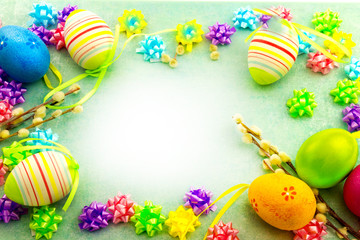 Easter colorful eggs, frame on blue background