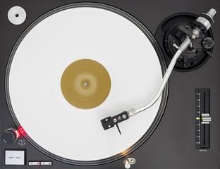 DJ Turntable Playing White Vinyl, Top View