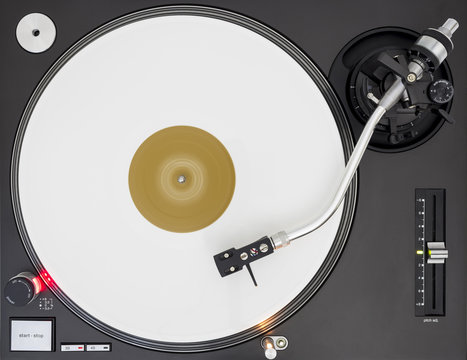 DJ Turntable Playing White Vinyl, Top View