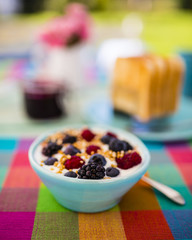 Healthy breakfast with quinoa with milk fresh berry fruit.