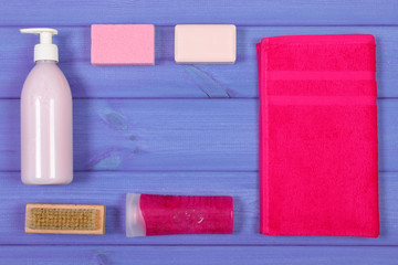 Accessories and cosmetics for personal hygiene in bathroom, concept of body care, copy space for text