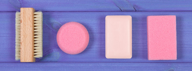 Accessories and cosmetics for personal hygiene in bathroom, concept of body care