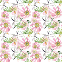 a set of drawings, snail, dragonfly, flowers, leaves, watercolor