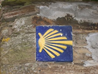 Sign with shell on the road towards santiago de compostela