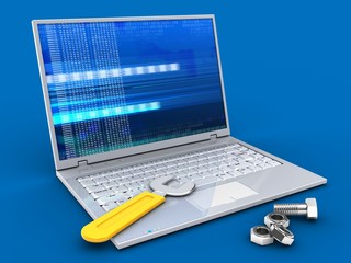 3d illustration of laptop over blue background with digital screen and wrench and nuts