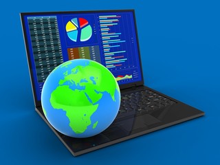 3d illustration of laptop computer over blue background with diagrams screen and globe