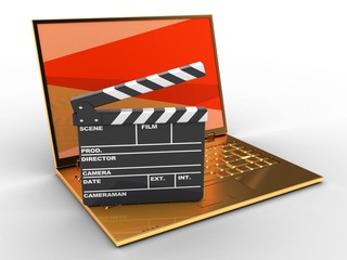 Fototapeta na wymiar 3d illustration of golden computer over white background with red screen and film clap