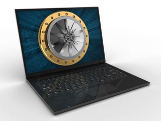 3d illustration of laptop computer over white background with binary data screen and vault door